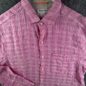 Tommy Bahama All Linen Pink Plaid Long Sleeve Button Up Shirt Medium Beach Men
